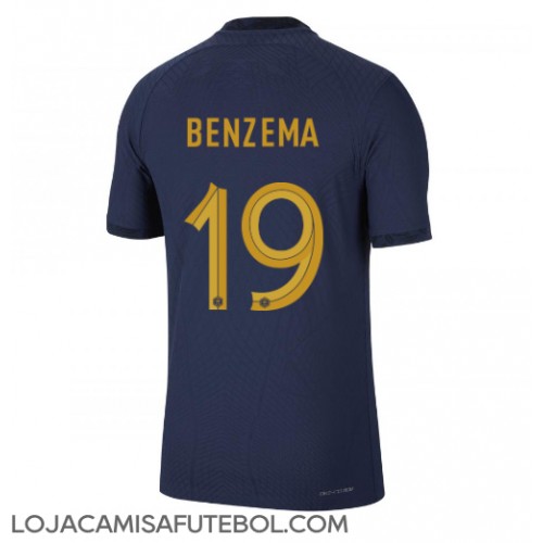 Camisa de Futebol França Karim Benzema #19 Equipamento Principal Mundo 2022 Manga Curta